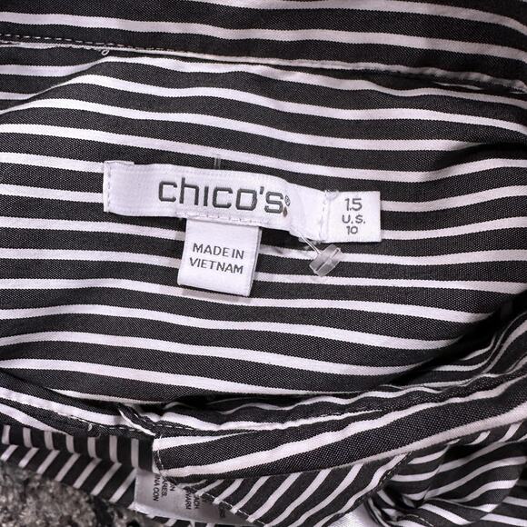 Chicos Shirt Womens 10 Gray White Stripe Button Front Lace Long Sleeve Blouse - Picture 8 of 8
